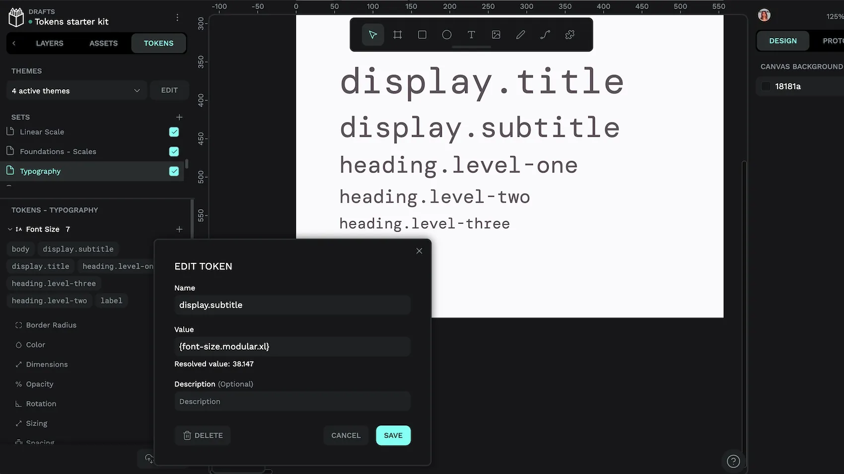 A display-dot-subtitle design token in Penpot.