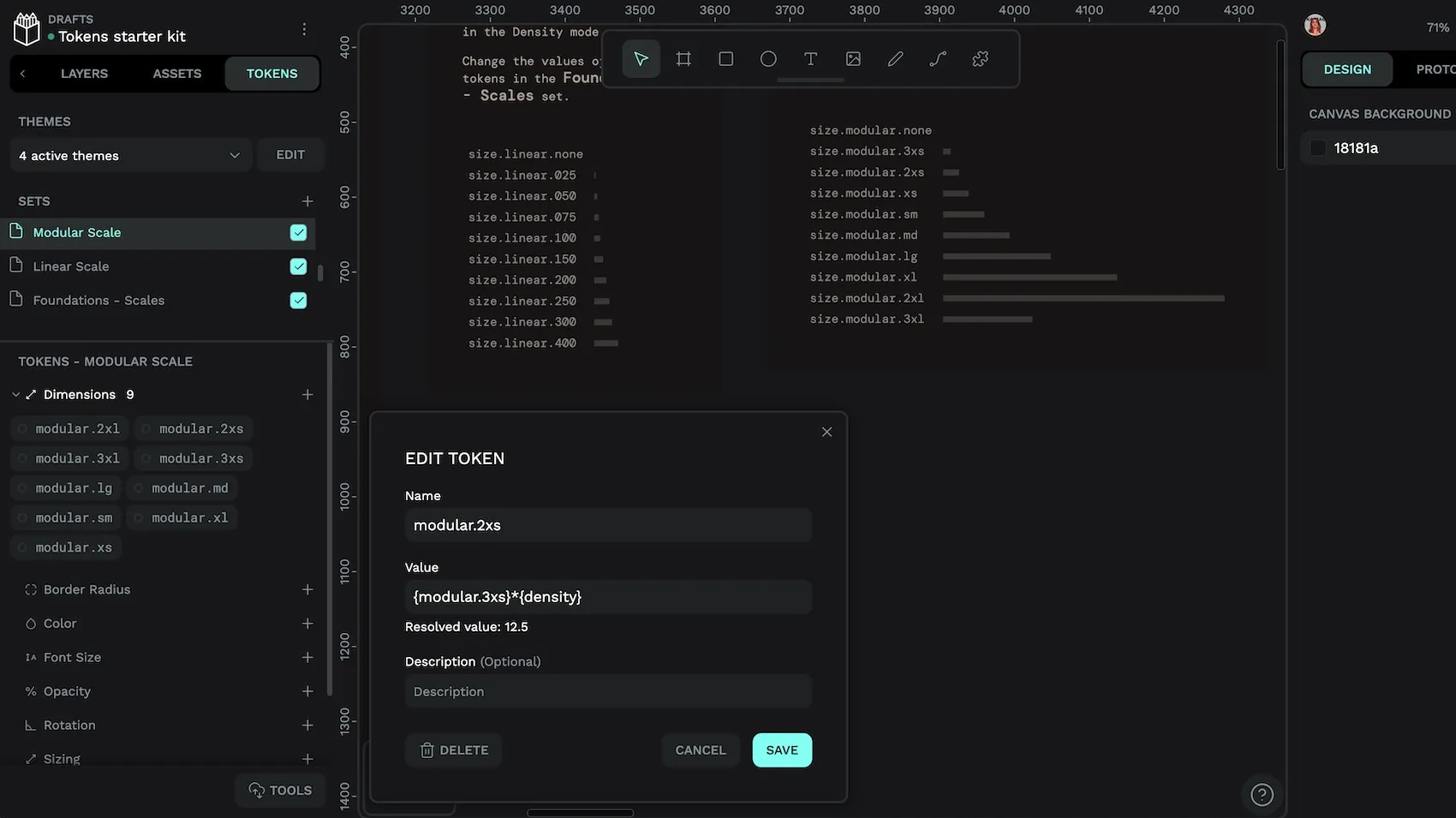 A modular scaling system where a modular-dot-2XS token is created by calculating modular-dot-3XS multiplied by a density token.