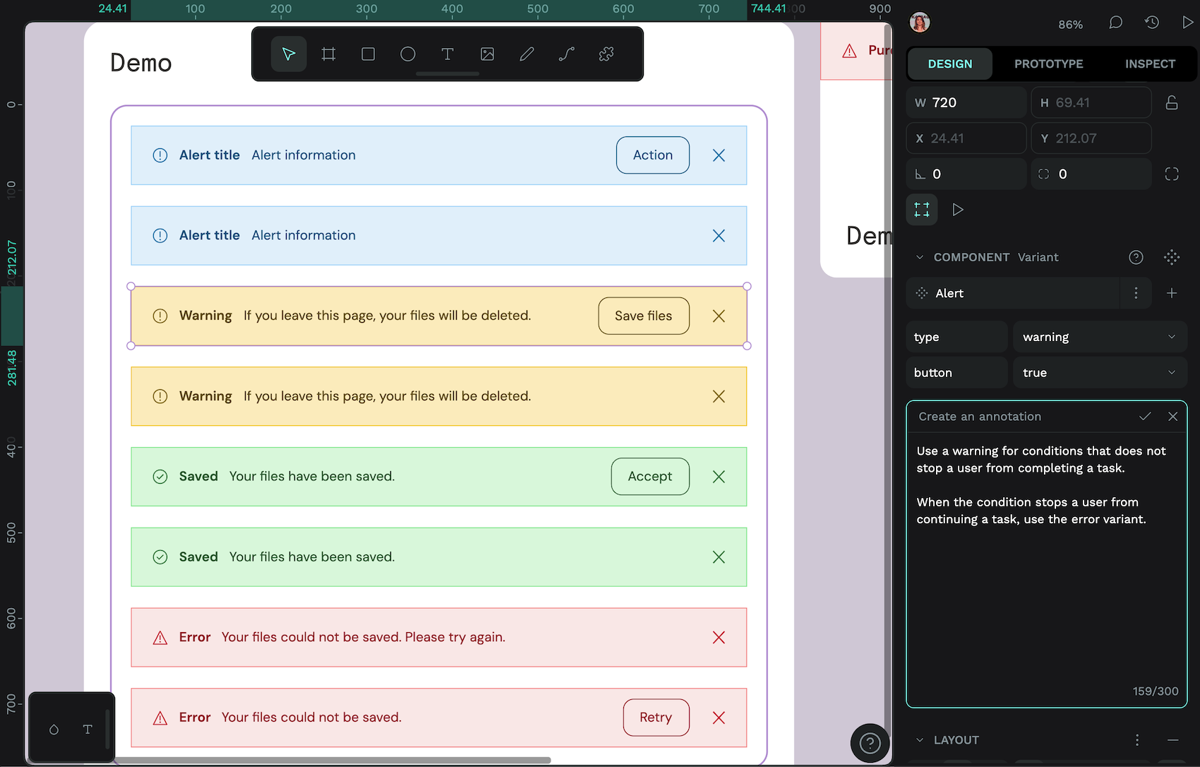 Adding an annotation to a warning alert telling users when to use the warning vs the error alert variants.