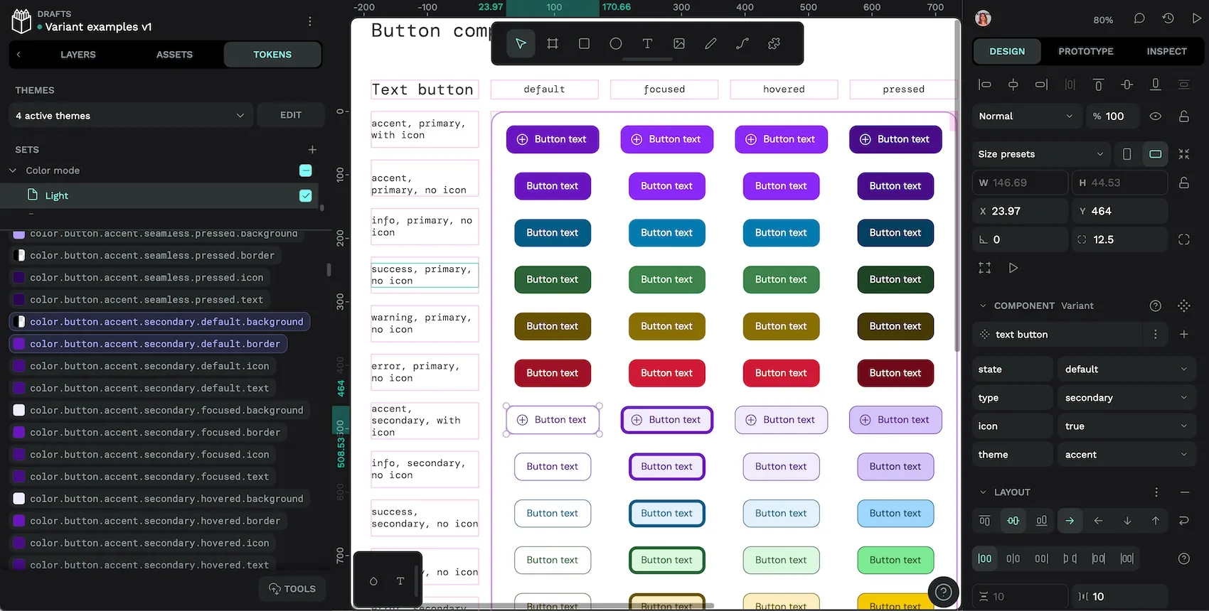 The default secondary button uses the color-dot-button-dot-accent-dot-secondary-dot-default-dot-background token and the color-dot-button-dot-accent-dot-secondary-dot-default-dot-border token.