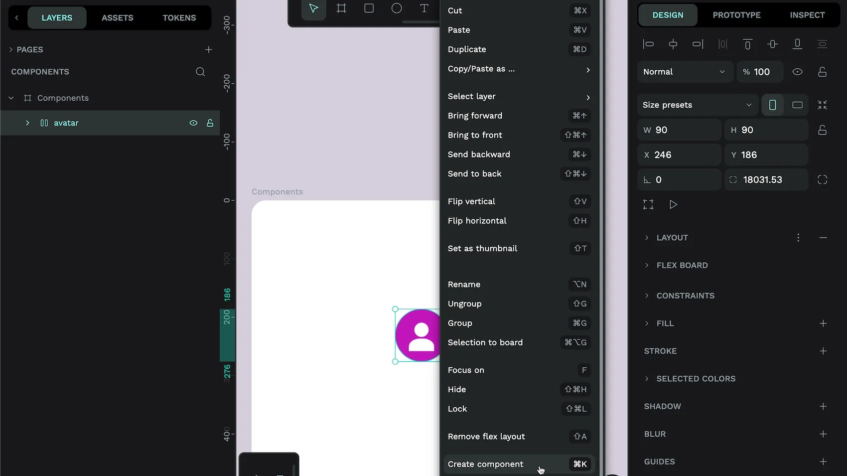 Right-clicking an avatar flex object and hovering over the Create component option in the menu.