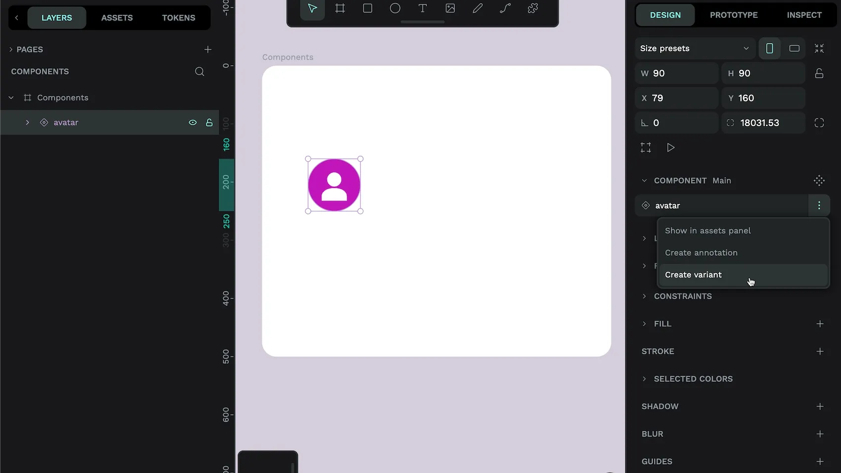 Hovering over the Create variant option in the component menu.