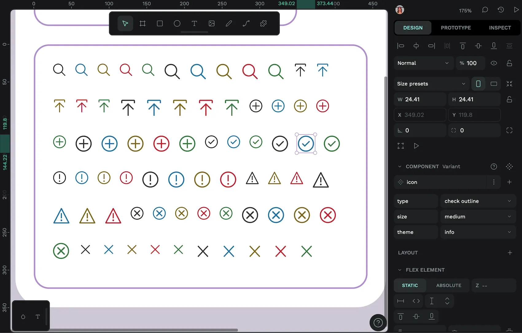 An icon component with variant property dropdown menus for type, size, and theme.