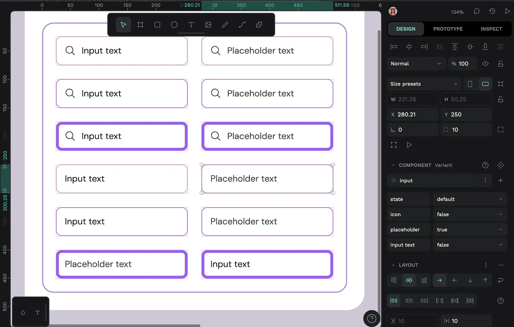 An input component featuring variant properties for state, icon, placeholder, and input text.