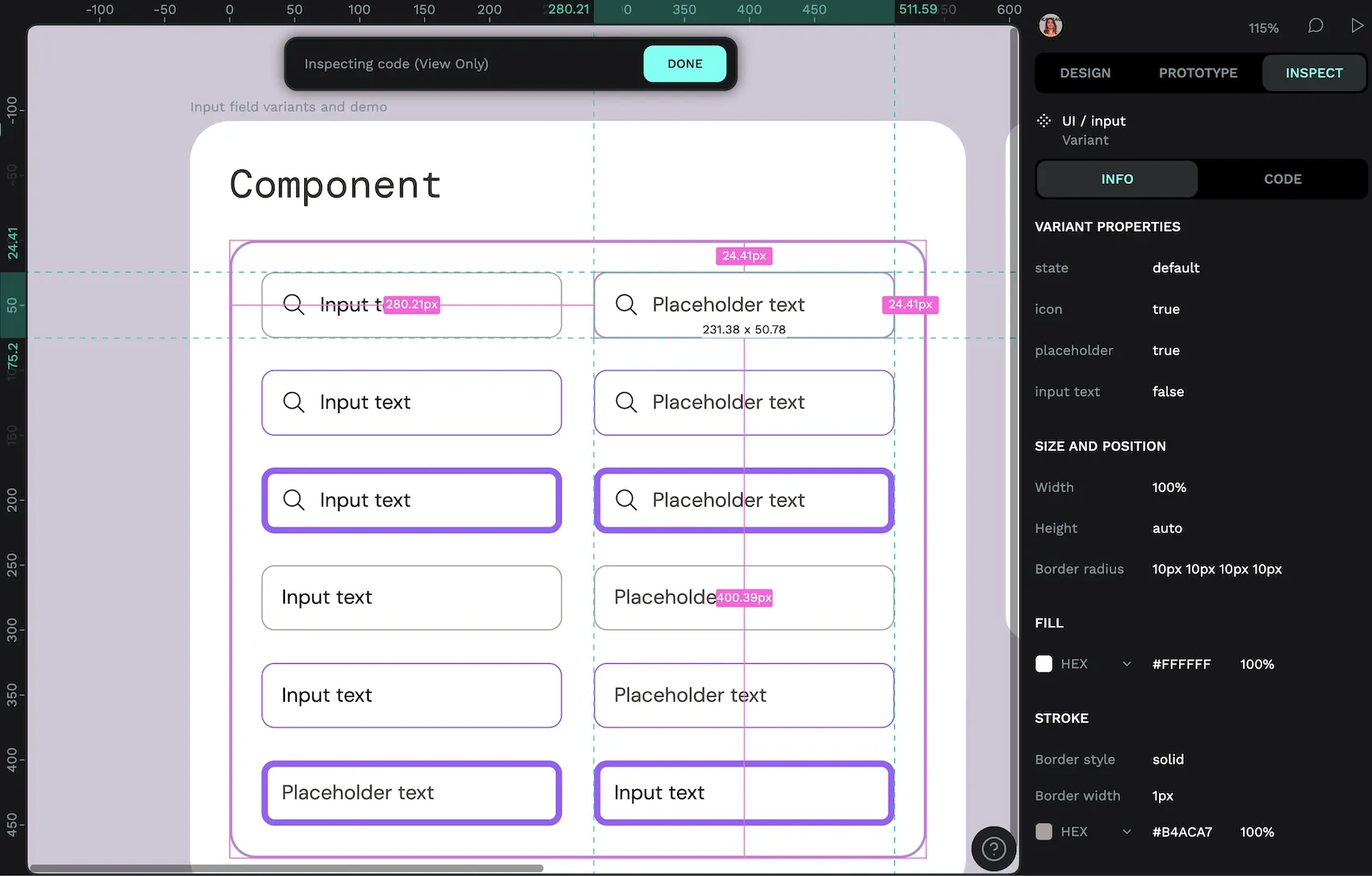 Inspecting an input component in Penpot shows the state, icon, placeholder, and input text variant properties.