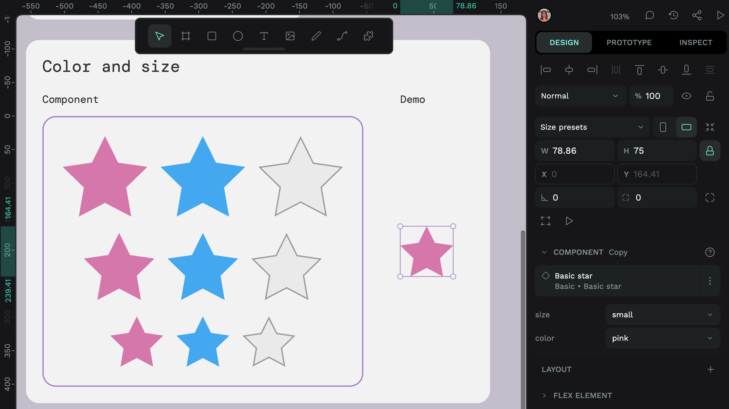 A Basic star component in Penpot with the chosen variant using size small and color pink properties.