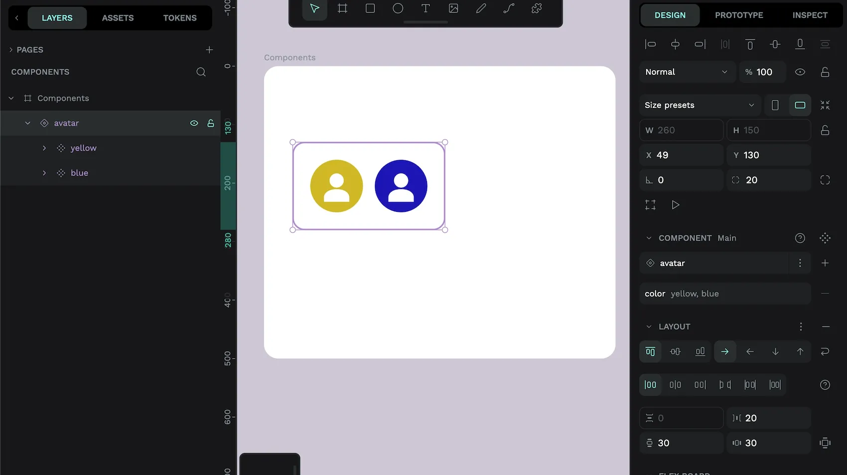 An avatar component with yellow and blue variants selected on the canvas, showing the color property and yellow-comma-blue values in the components section of the design panel.