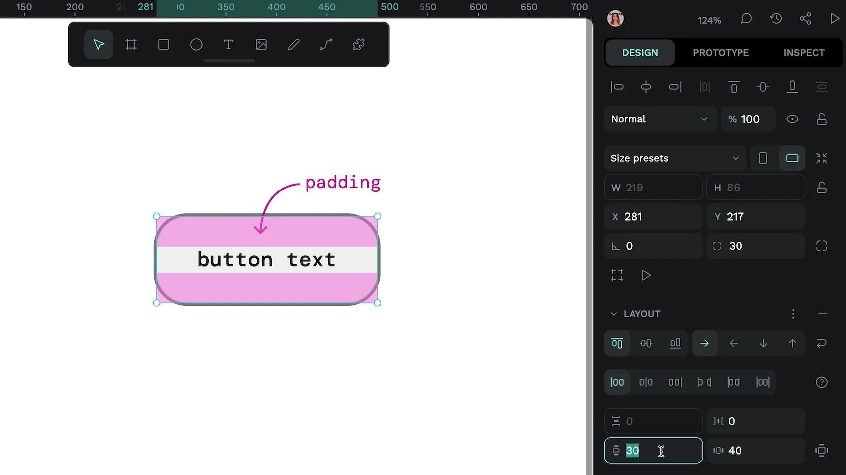 Setting the vertical padding to 30 in Penpot increases the space above and below the text in a button.