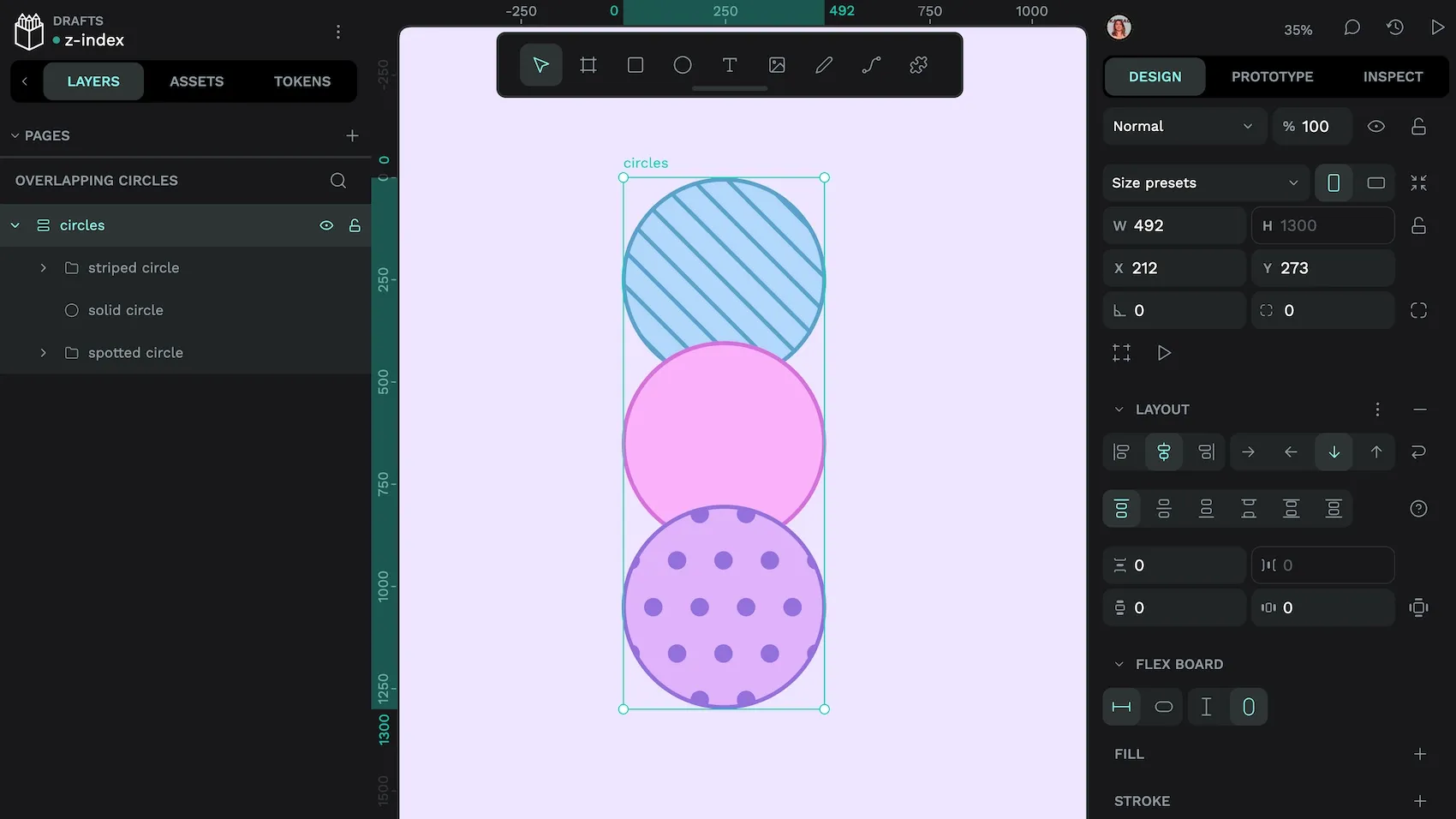 The highest layer is a striped circle, the middle layer is a solid circle, and the lowest layer is a spotted circle. But the spotted circle is above the other layers.
