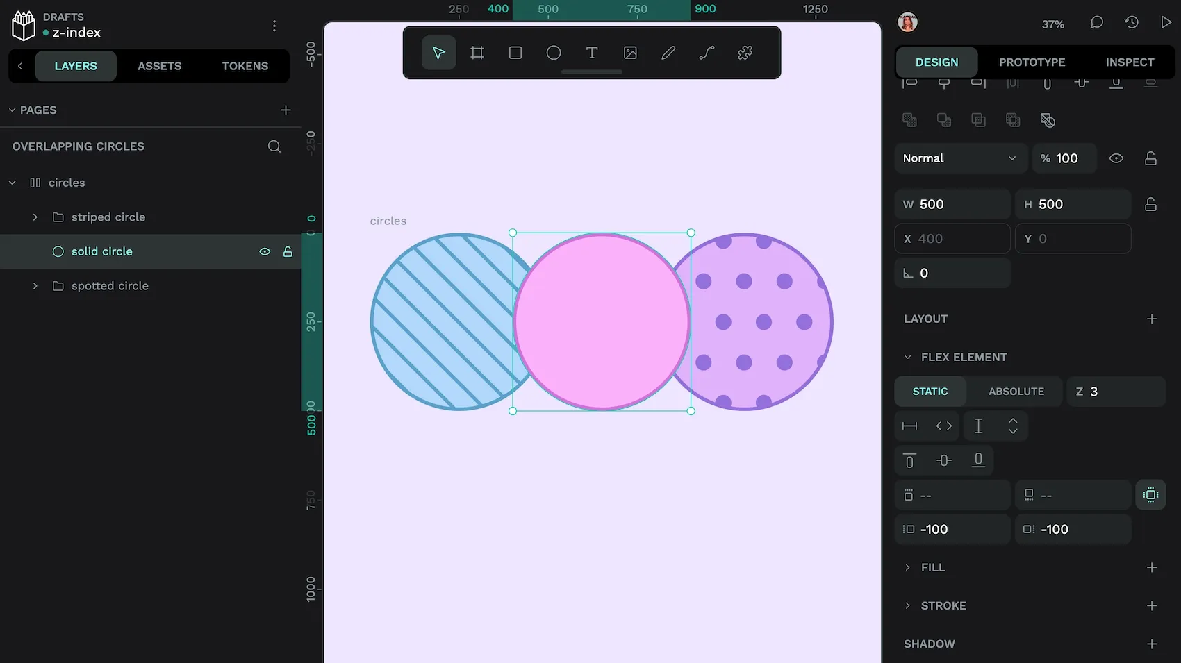 The middle circle with negative margins and a z-index of 3, making it appear on top of the other circles.