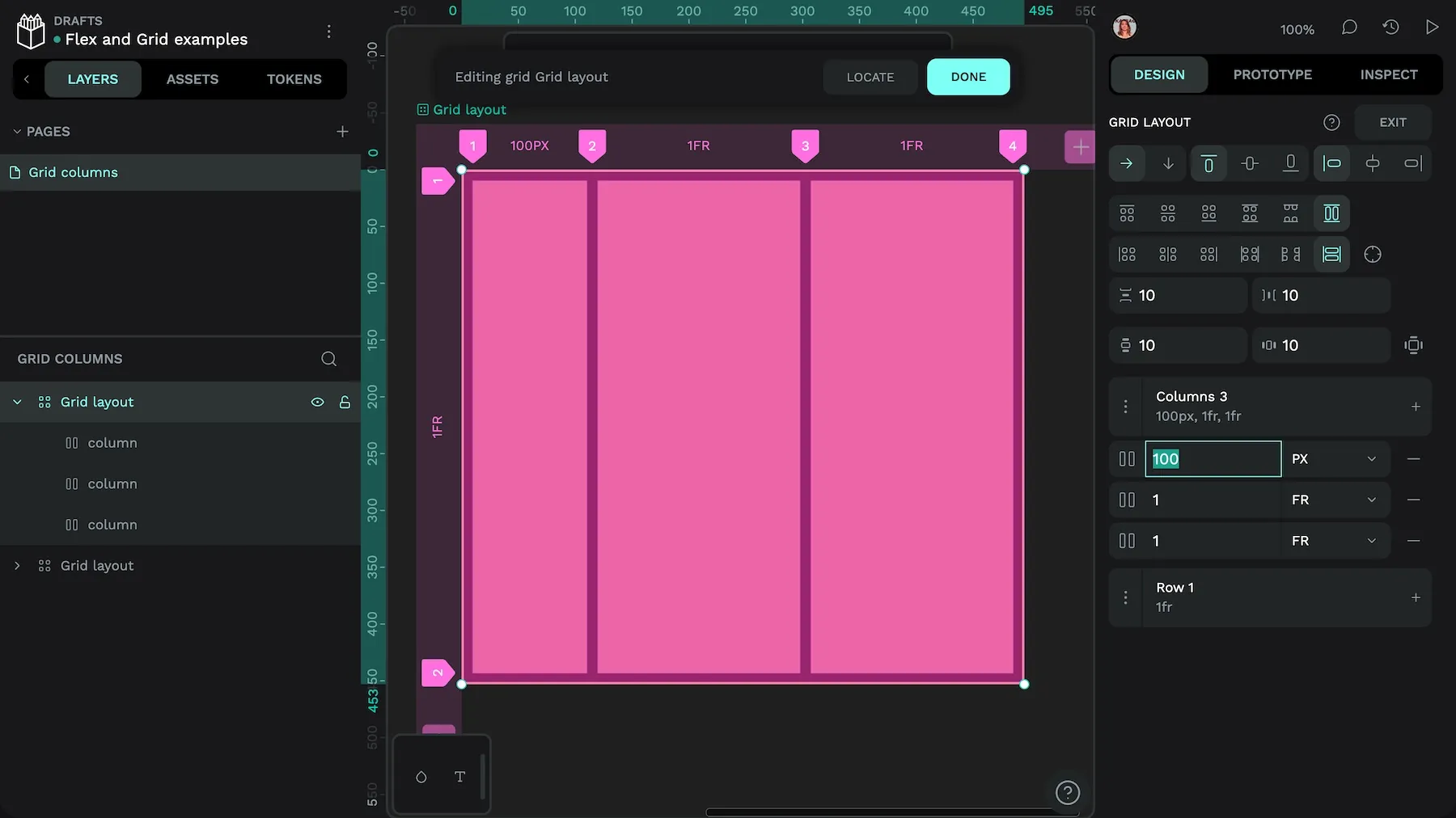 The 100px column is narrower, and the remaining two columns are of equal width.