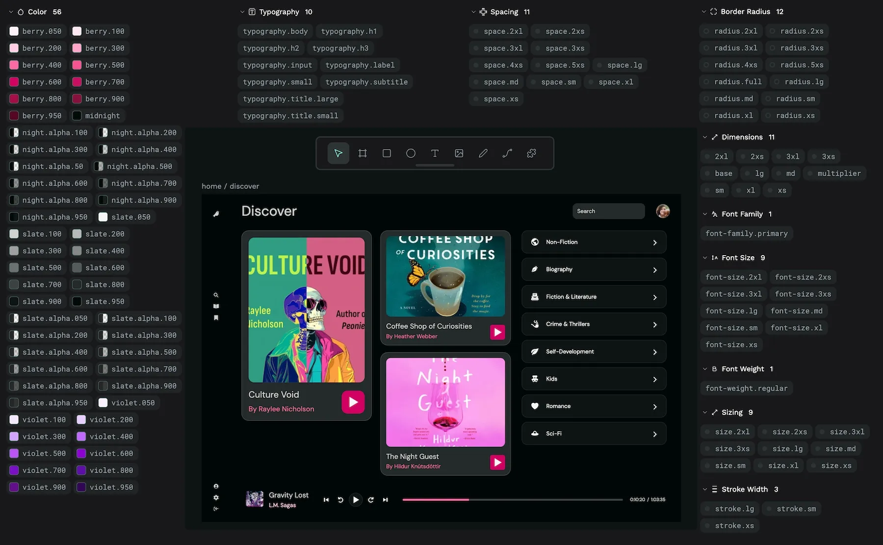 Design tokens for color, typography, spacing, border radius, dimensions, font family, font size, font weight, sizing, and stroke width. All used in an audiobook player design.