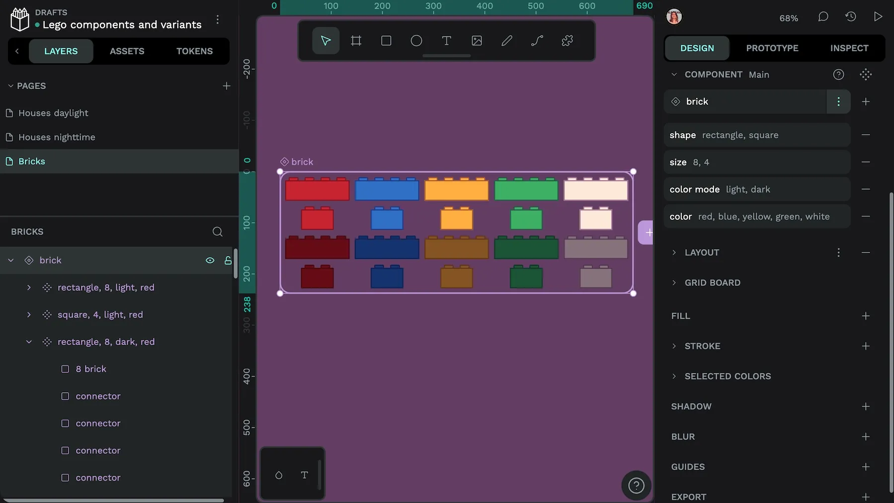 The brick variant properties are shape with values of rectangle or square, size, with values eight or four, color mode, with values light or dark, and color, with values of red, blue, yellow, green and white.