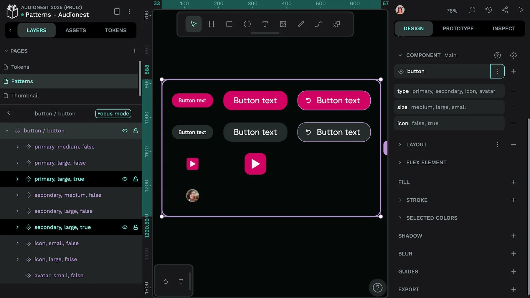 The button has a type property with values of primary, secondary, icon and avatar, a size property with values of medium, large and small and an icon property with values of true and false.