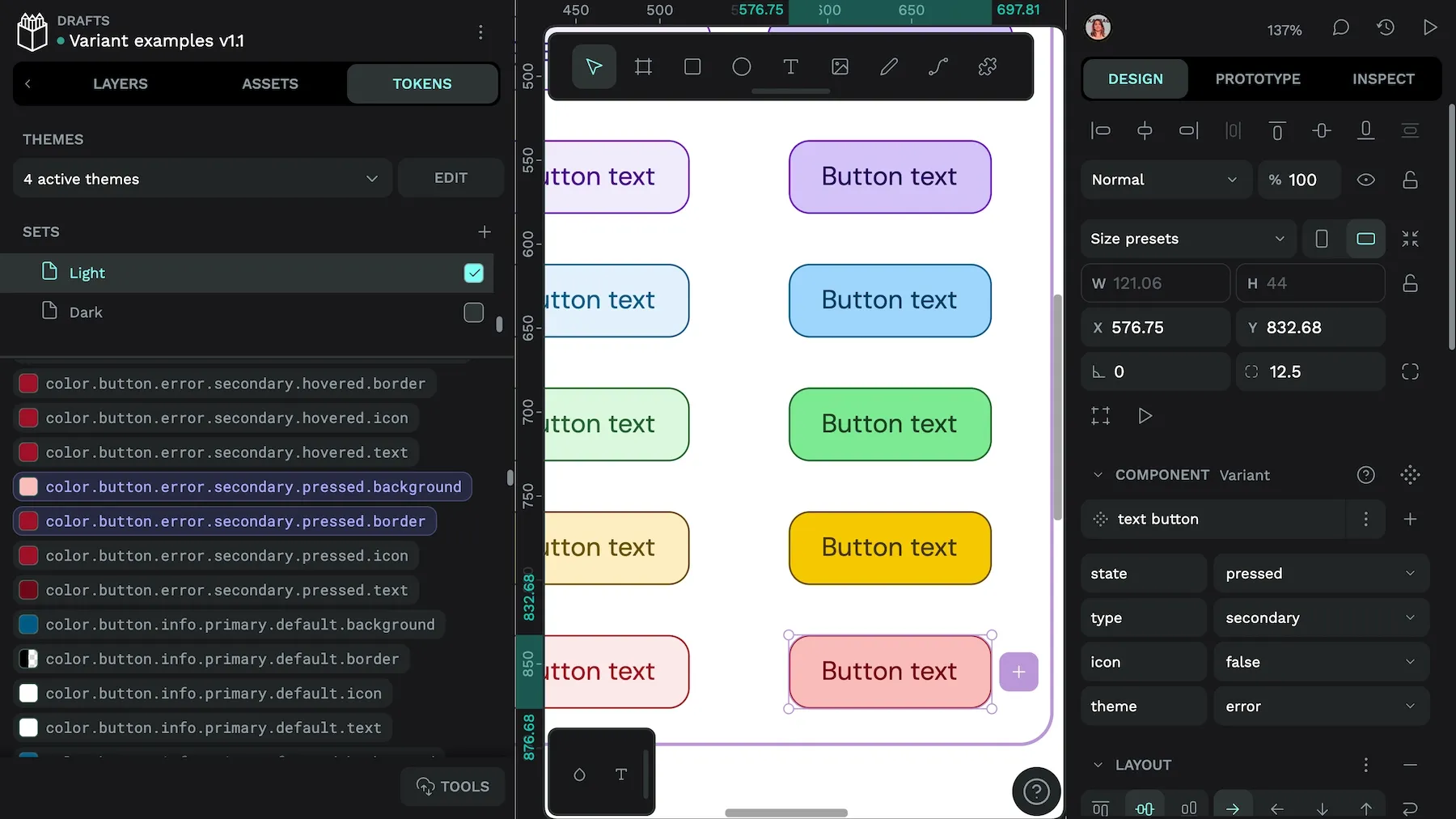 The button component has a theme of error. The corresponding design tokens are colour dot button dot error dot secondary dot pressed dot background and colour dot button dot error dot secondary dot pressed dot border.