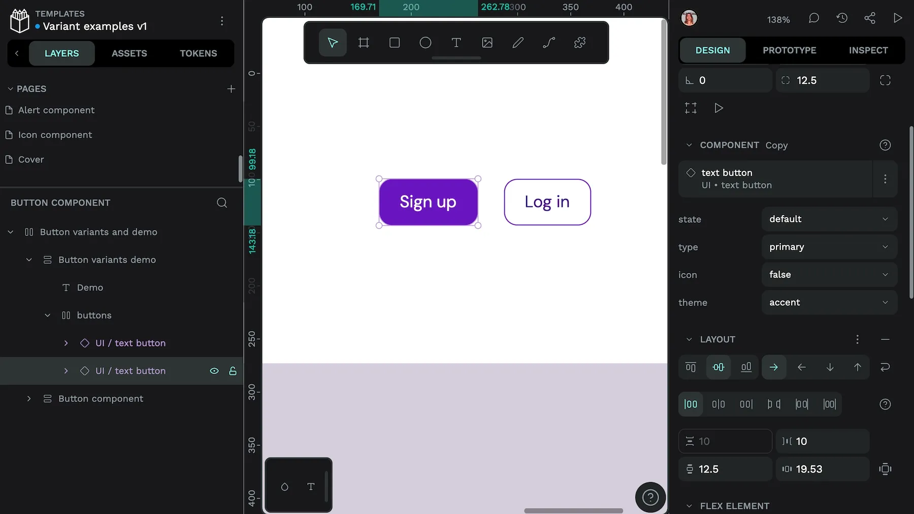 This text button has a state of default, a type of primary, an icon of false and a theme of accent.