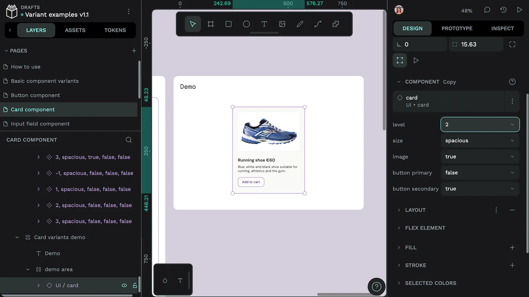 The card component has variants for level, size, image, button primary and button secondary.