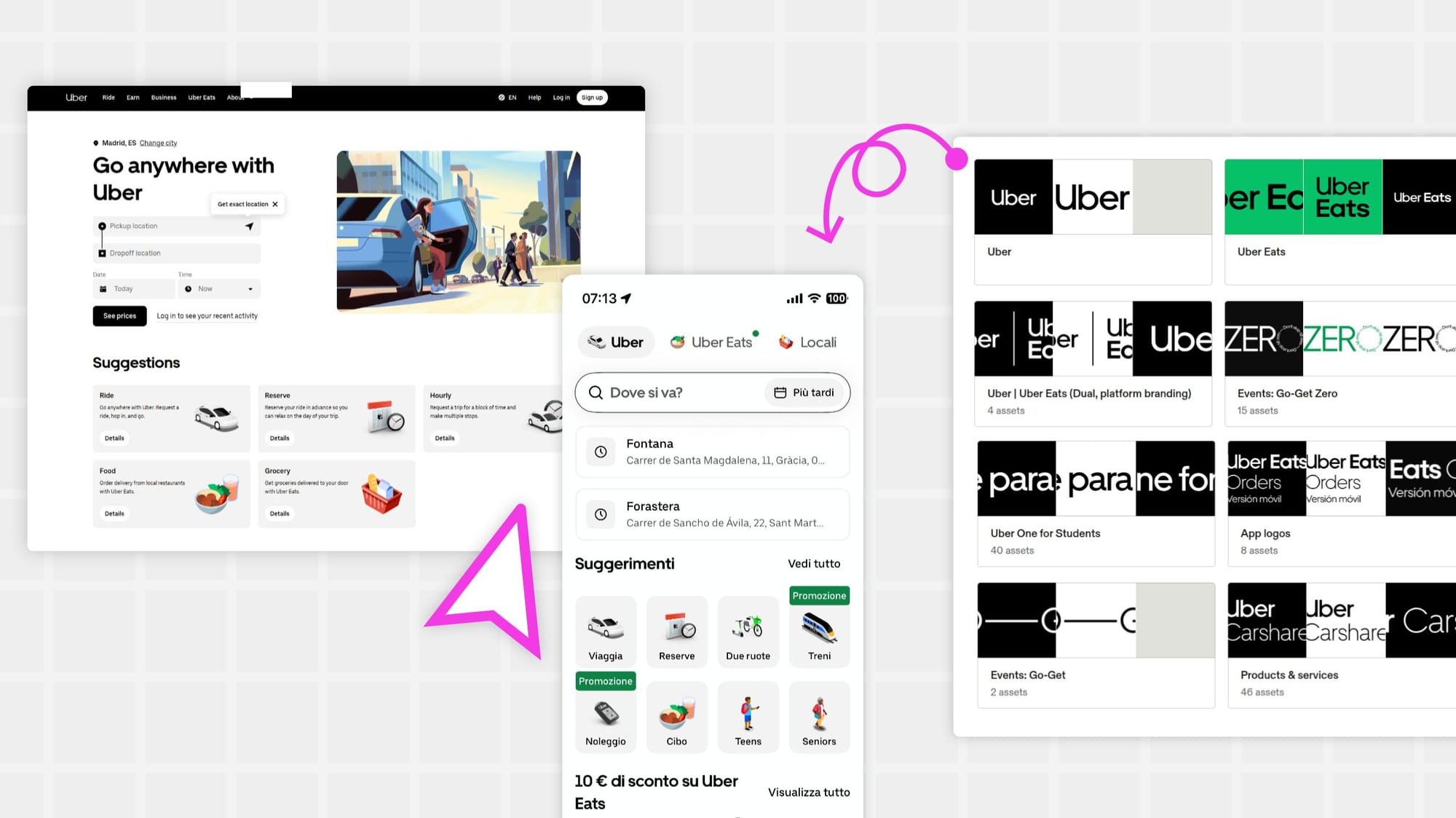 The color palette of Uber brand identity shown across website and app designs.