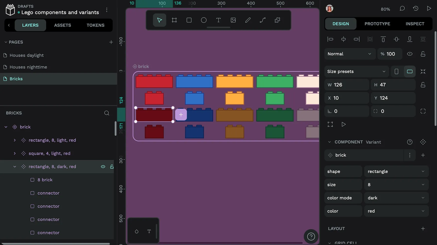 Twenty variants for the brick component displaying each combination of shape, size, color mode and color.
