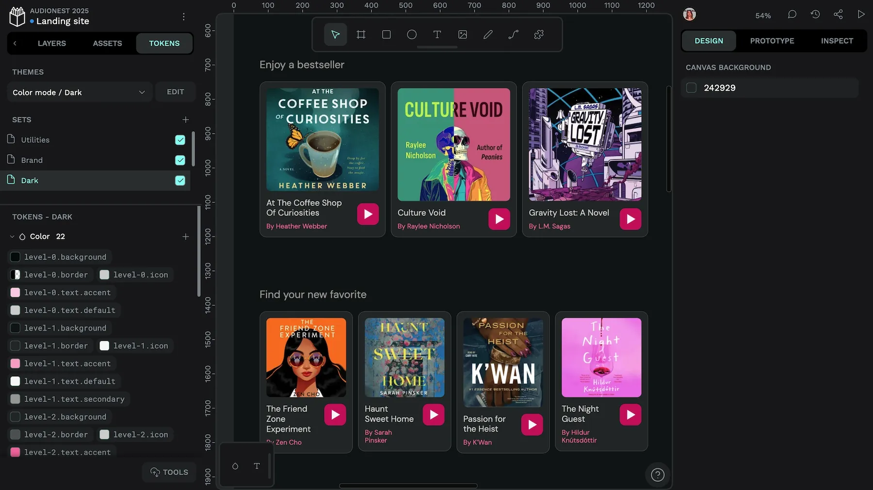 Dark mode tokens including color tokens for different levels for backgrounds, borders, and texts.