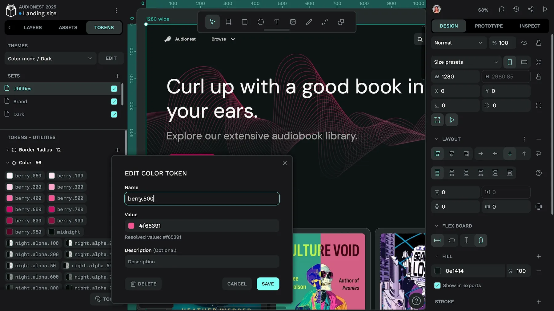 Editing the berry-dot-500 tokens shows its value is #F65391 and it has no description as the field is optional.