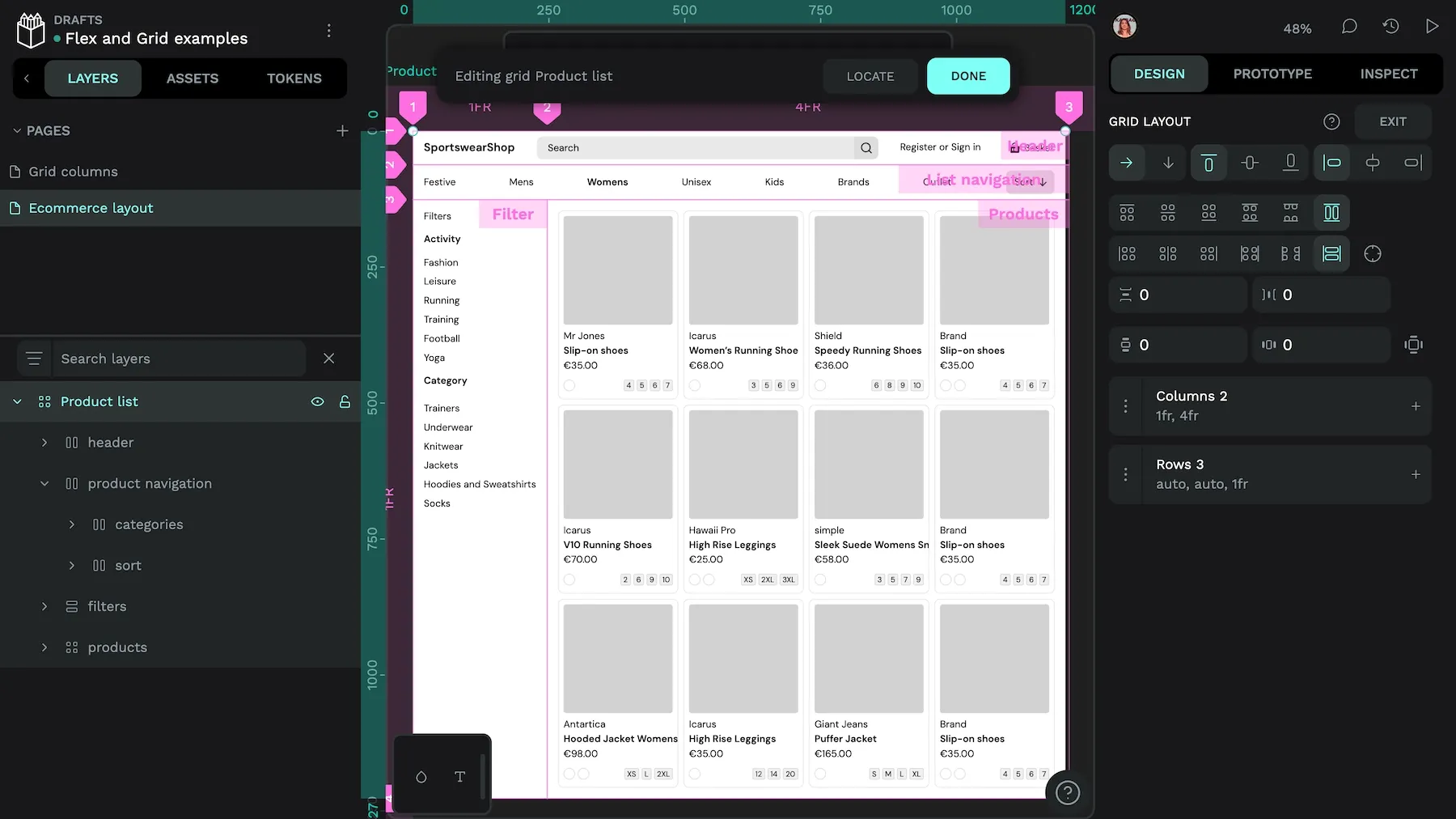 The header and navigation both span two columns and one row each. The filter and products areas both span one column and one row each.