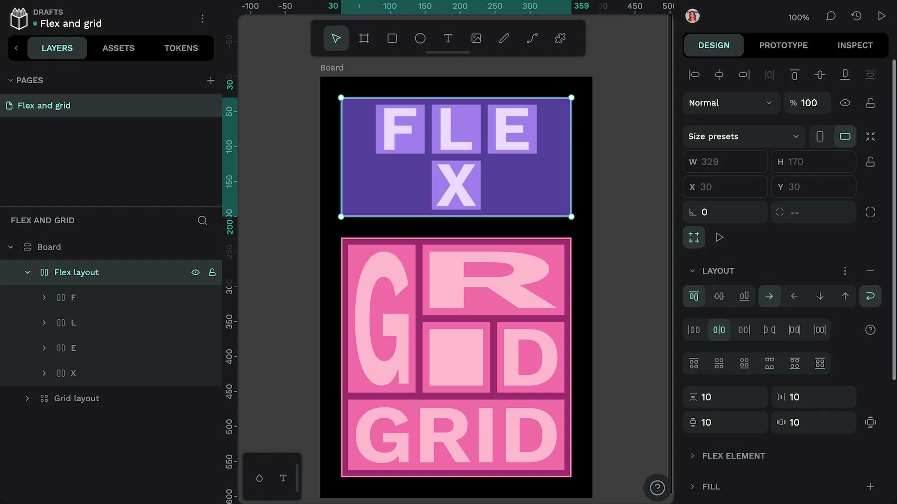 A Flex layout showing tiles wrapping inside a fixed-width box and a Grid layout showing tiles spanning rows and columns.