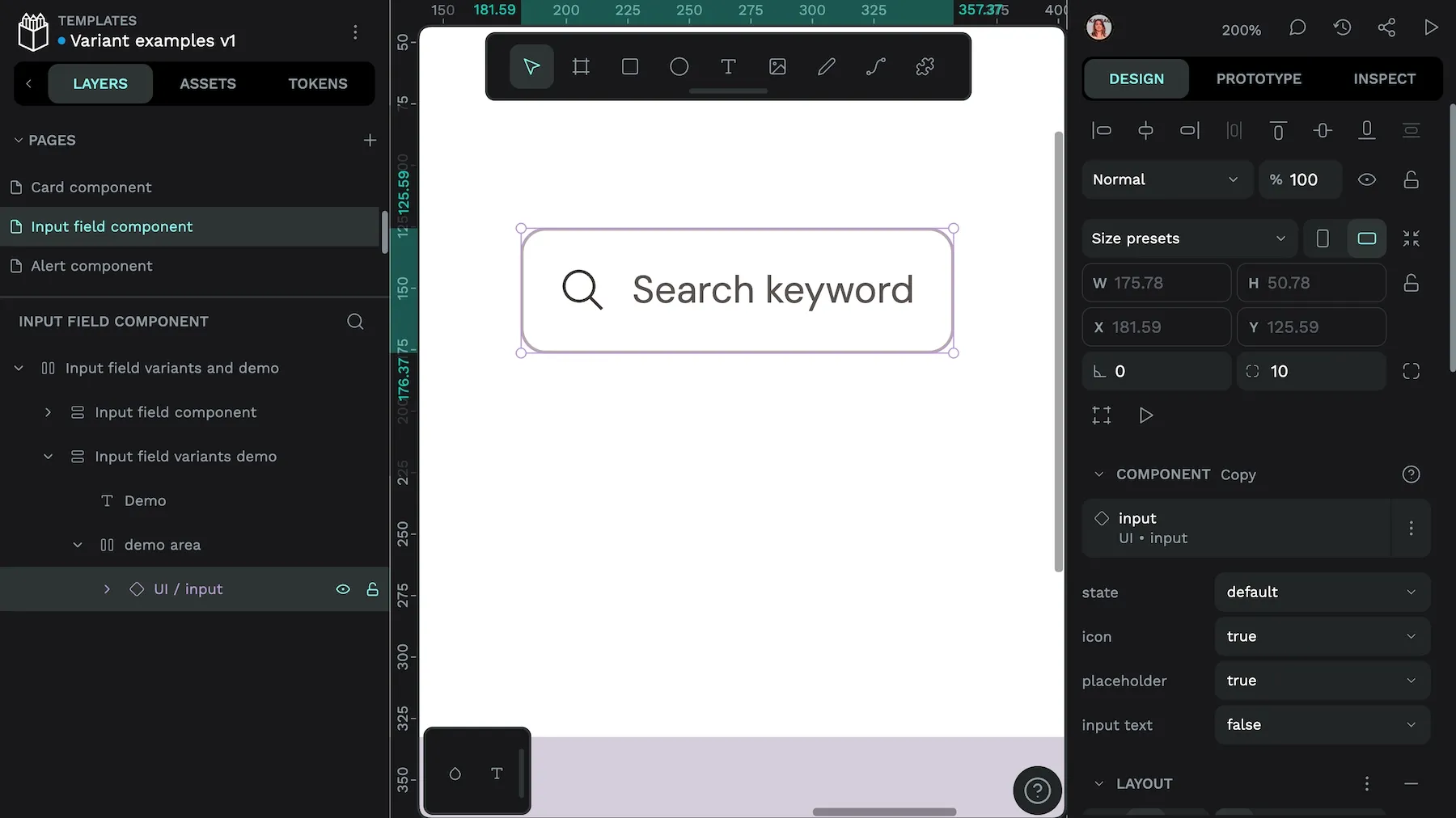 The input is a search text box with a magnifying glass icon and placeholder of search keyword, using variants of state = default, icon = true, placeholder = true, and input text = false.