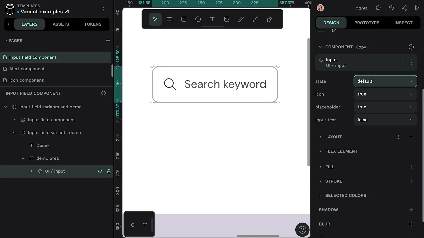 The input component is using a variant of state default, icon true, placeholder true and input text false.