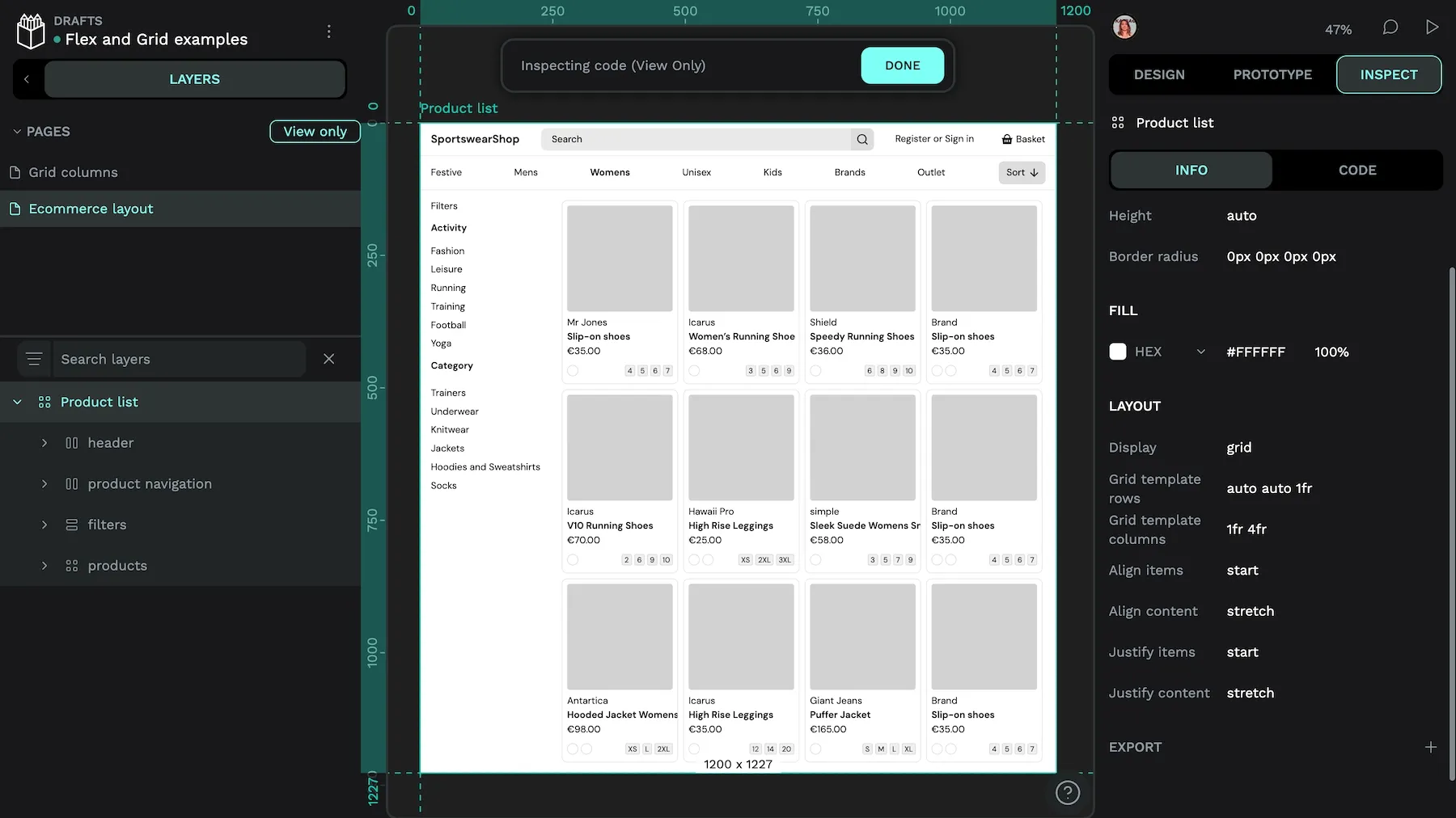 Penpot’s Inspect panel shows CSS properties for grid as well as a code tab.