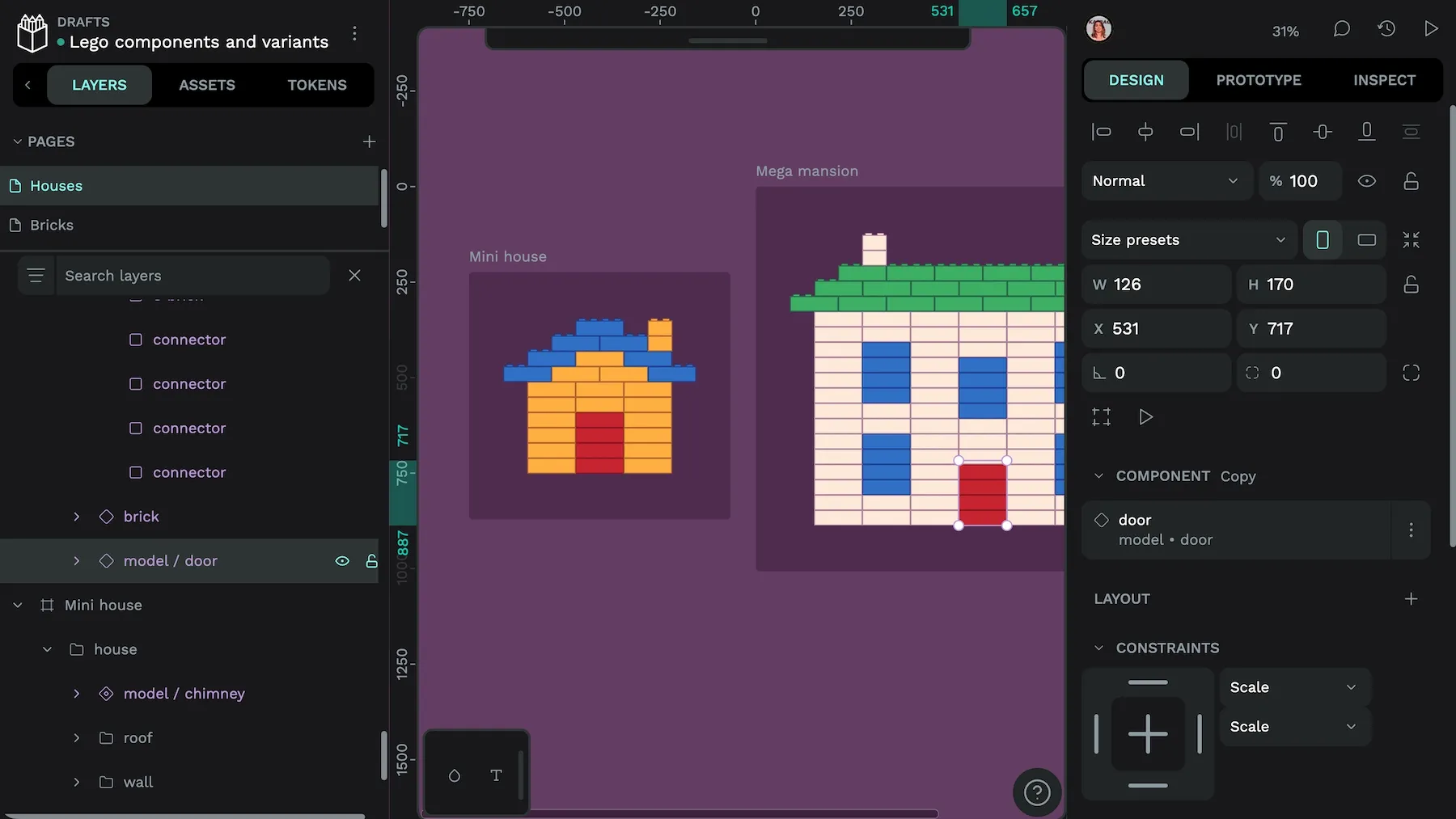 A component made of red Lego bricks used for a mini house door and a mega mansion door.