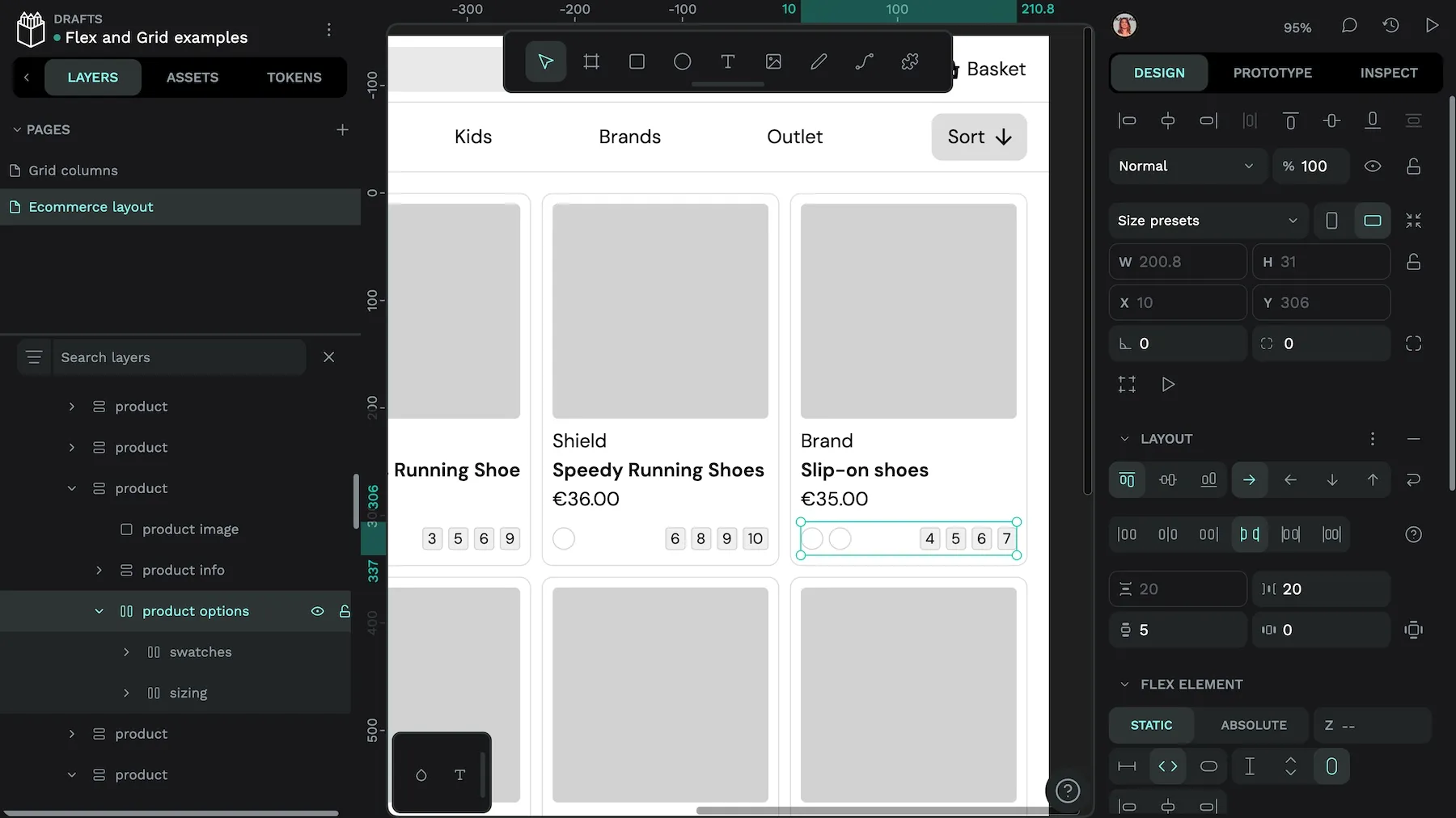 Two color swatches are to the left of the row, and four size numbers are to the right of the row.
