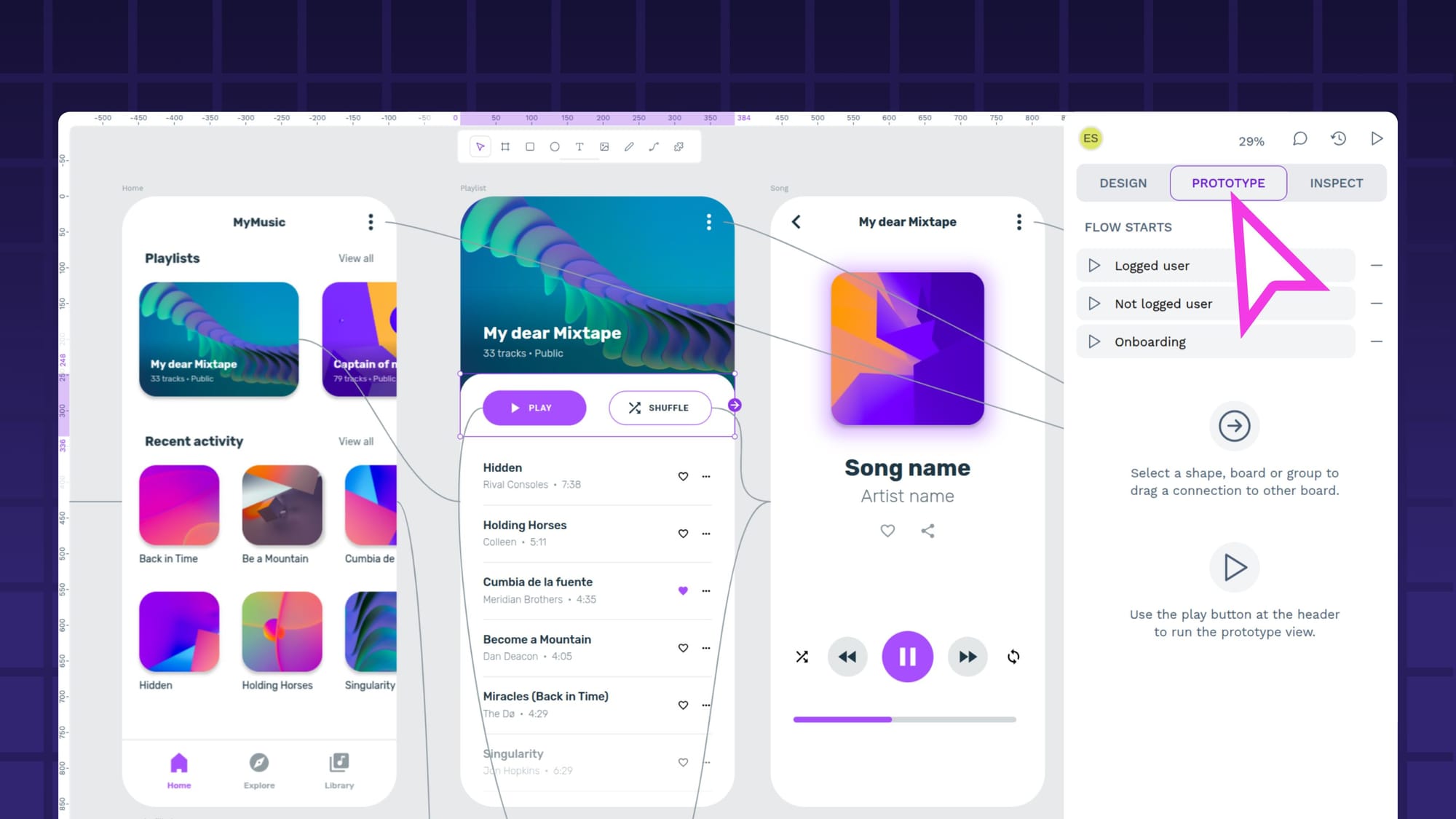 The interaction flow of a music app prototypes showing 3 screens in Penpot workspace.