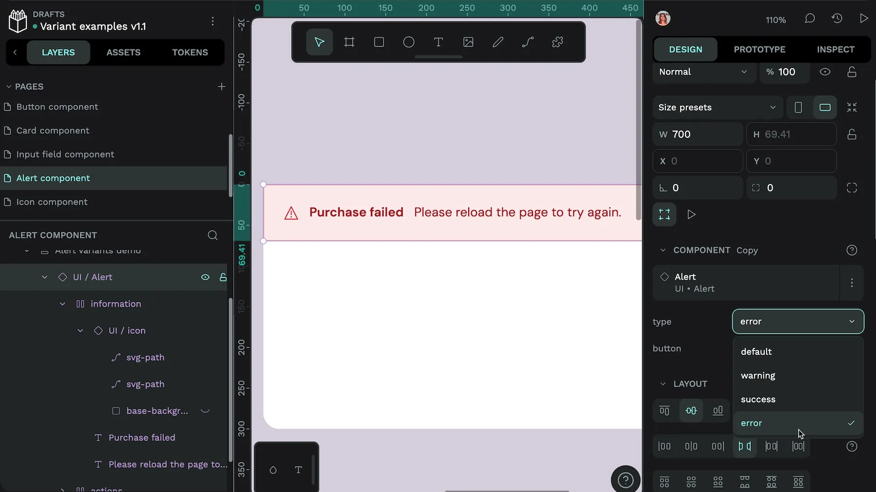 The Error variant of the alert component uses an alert icon and red text on a light red background.