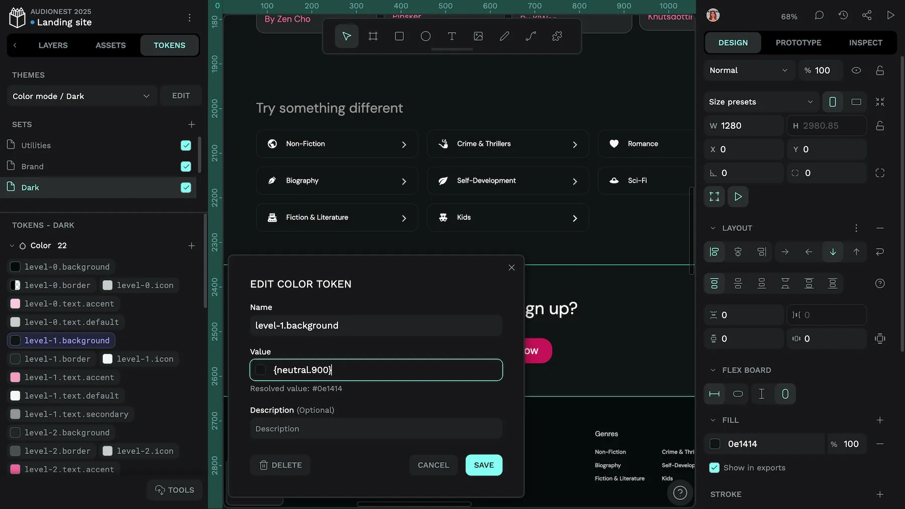 A level-1-dot-background token with a value of {neutral-dot-900}.