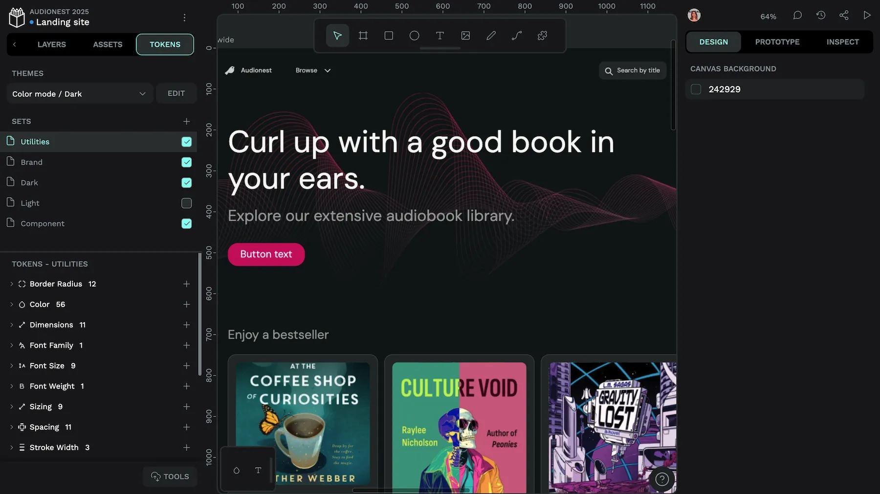 Token types included in this design are border radius, color, dimensions, font family, font size, font weight, sizing, spacing, and stroke width.