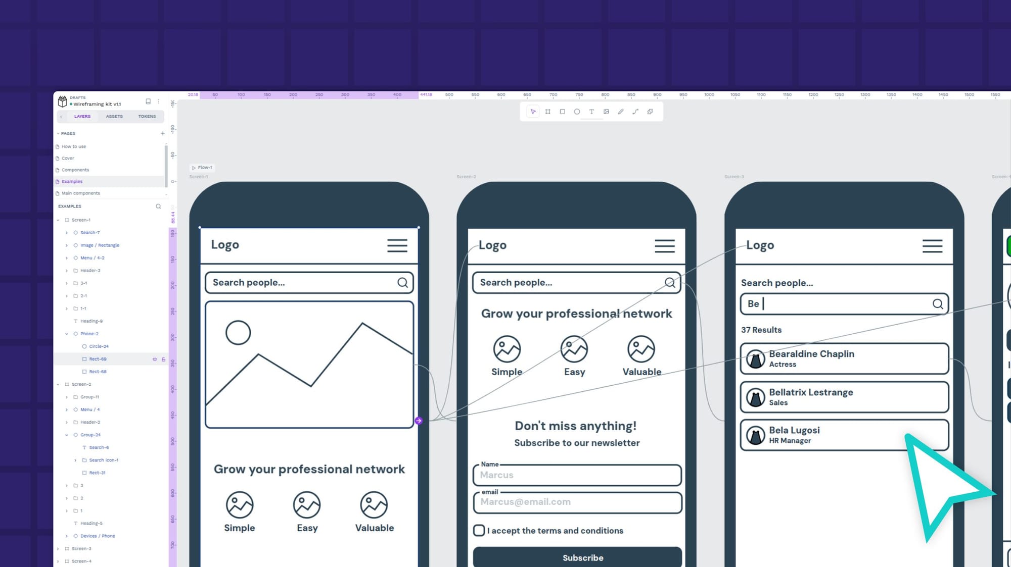 The designs in Penpot of a mobile app's wireframes