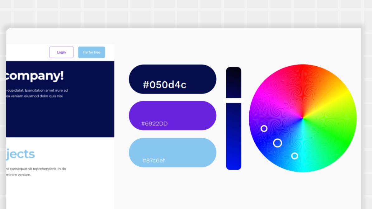 a color wheel where 3 different shades o blue are highlighted, on left a website UI in those shades of blue.