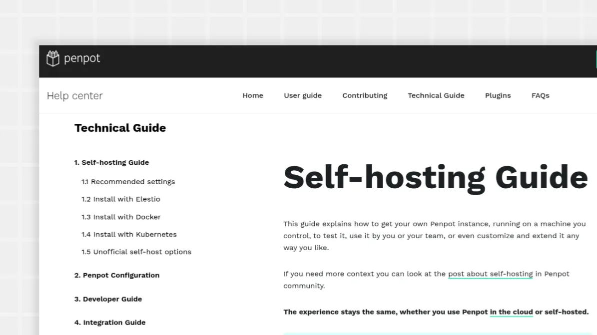 screenshot of Self-hosting Guide in Penpot Help Center