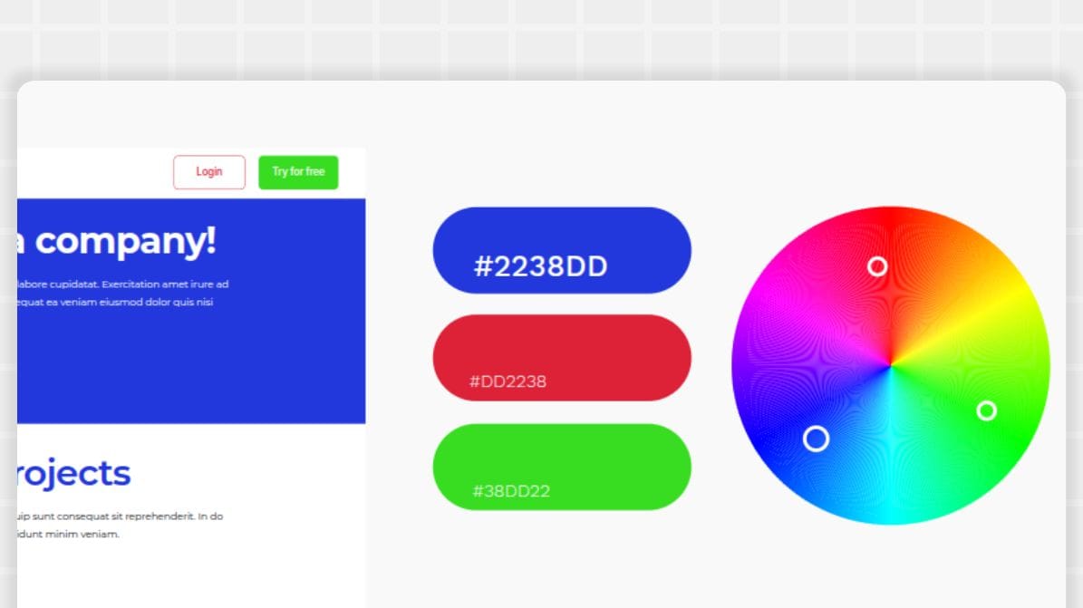 a color wheel where red, blue and green are highlighted, on left a website UI in those colors