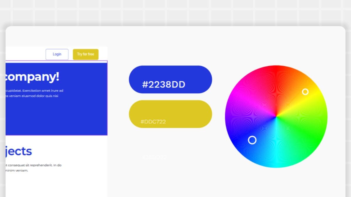 a color wheel where blue and yellow are highlighted, on left a website UI in those colors