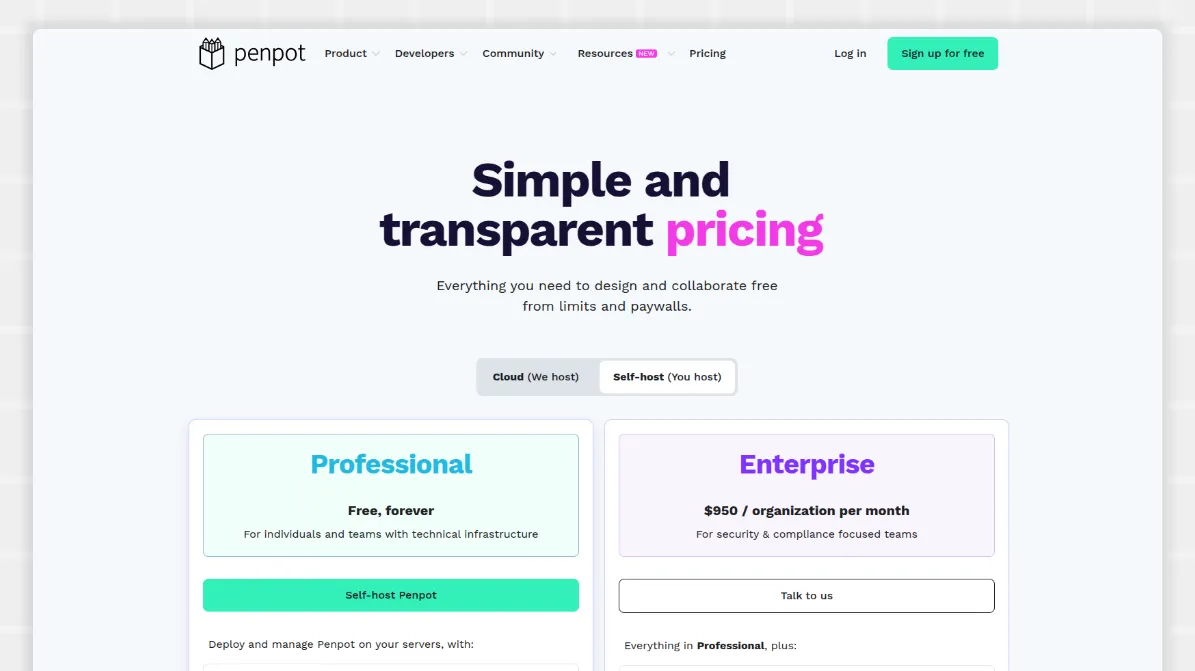 screen of Penpot Self host pricing page