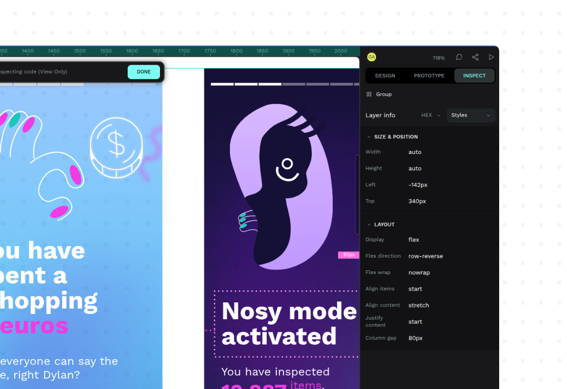 Penpot’s Inspect panel showing real Flex layout properties, including direction, alignment, spacing, and sizing, alongside the design canvas.