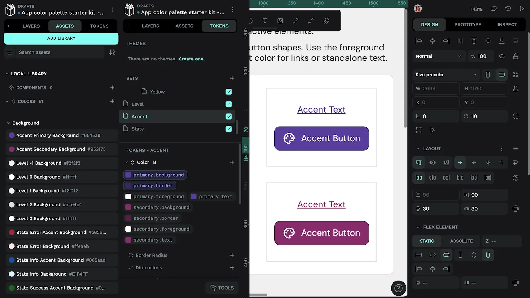 An accent button with primary and secondary colors. The tokens are named like primary-dot-background and primary-dot-border. The asset colors are named like Accent Primary Background and Accent Secondary Background.