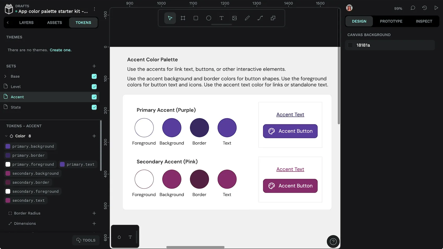 Accent color palette tokens in an Accent set, including color tokens for primary-dot-background and primary-dot-border.