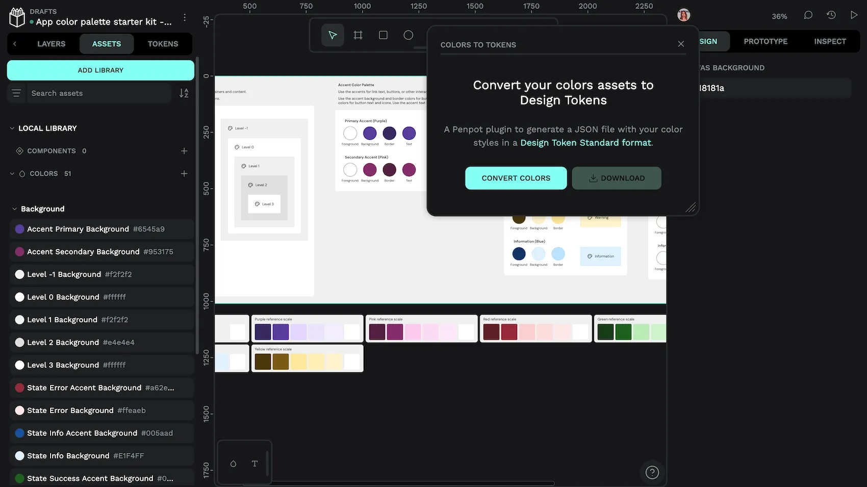 The Colors to Tokens Penpot plugin with a button to Convert Colors.