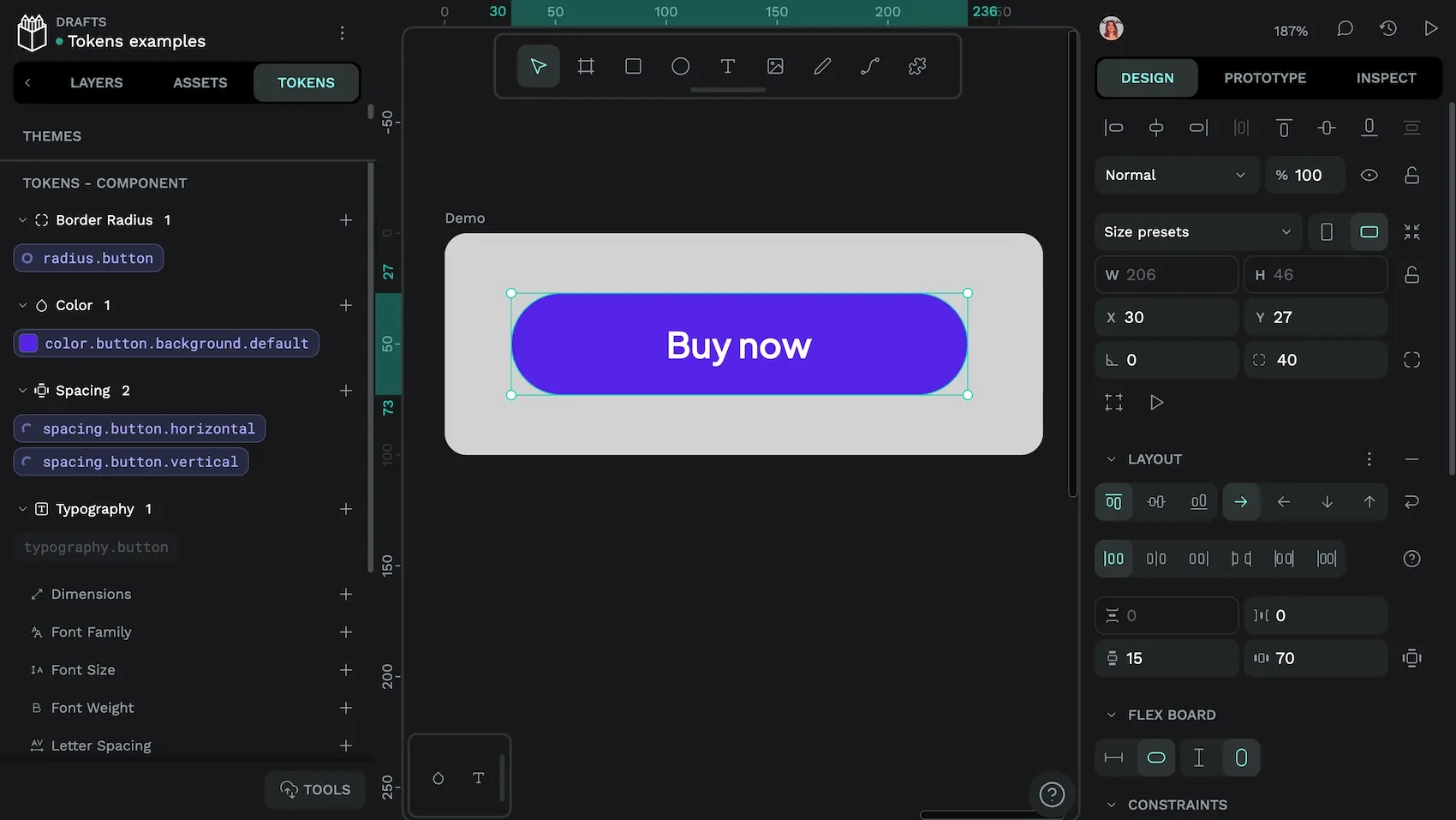 A Buy Now button selected in Penpot. In the tokens panel, the following tokens are active for the design: radius-dot-button, color-dot-button-dot-background-dot-default, spacing-dot-button-dot-horizontal, and spacing-dot-button-dot-vertical.