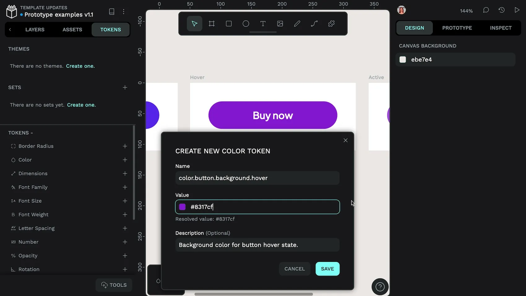Creating a token in Penpot called color-dot-button-dot-background-dot-hover with a value of #8317cf which is a purple color.