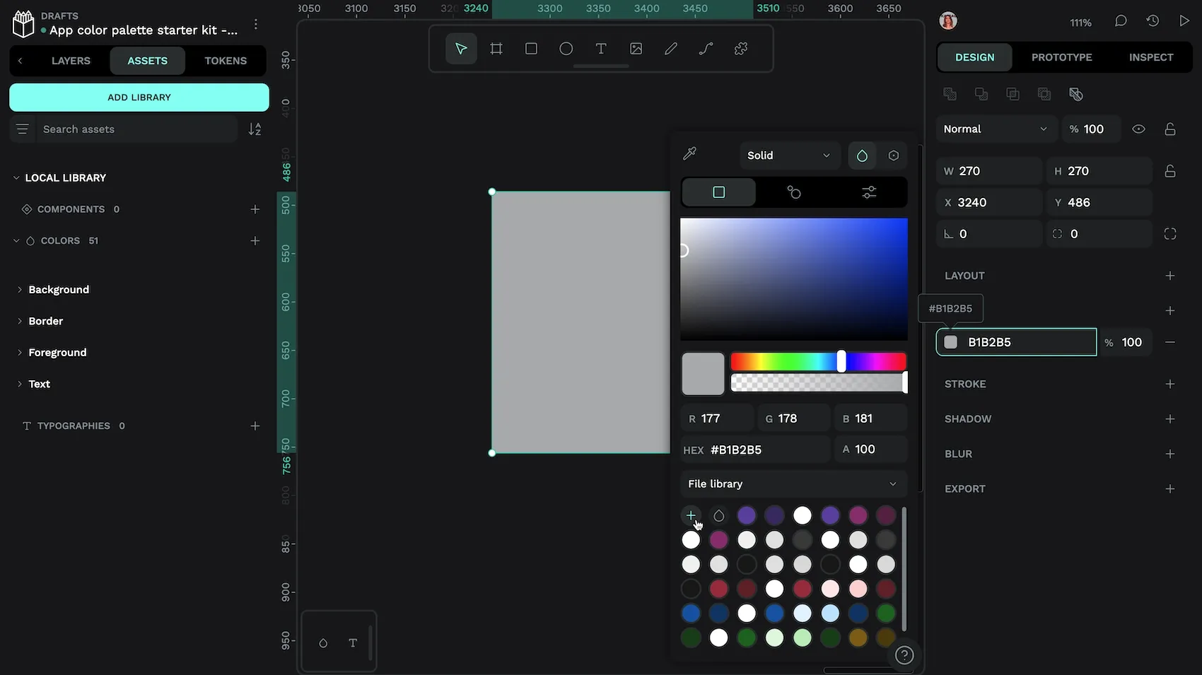Hovering over the plus icon button alongside the file library swatches in the color picker.