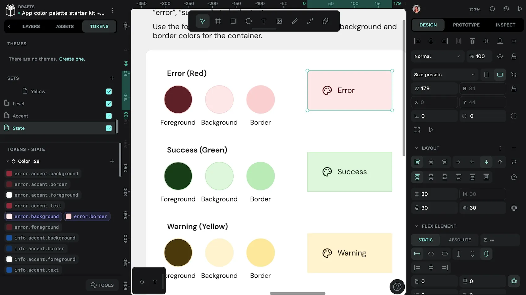 The error state has red foreground, background, and border colors. The success state uses green, and the warning state uses yellow.